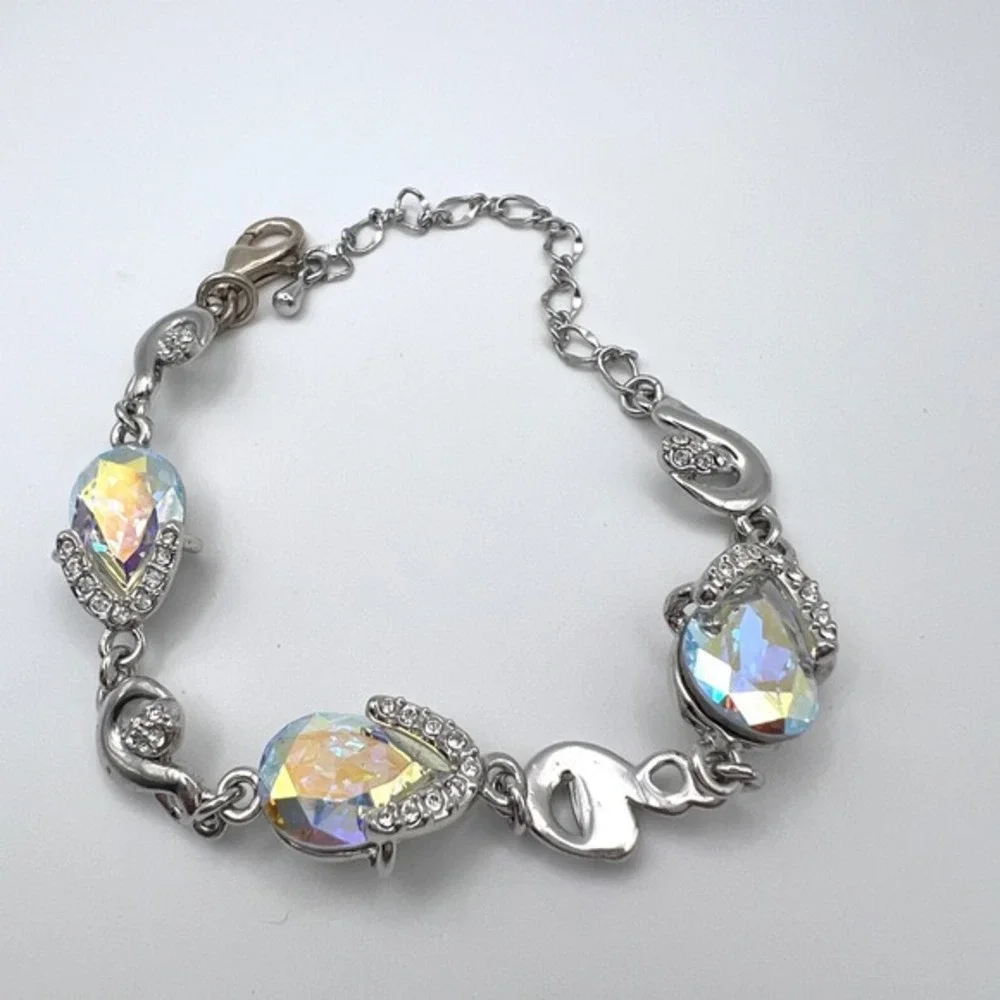 FA‎ 925 Sterling Silver AB Crystal Teardrop Bracelet Rhinestone Adjustable